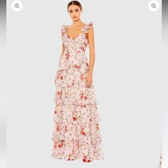 Mac Duggal Pink Ruffled Gown Womens 6 Draped Tiered Floral Print Soft Pink 55816